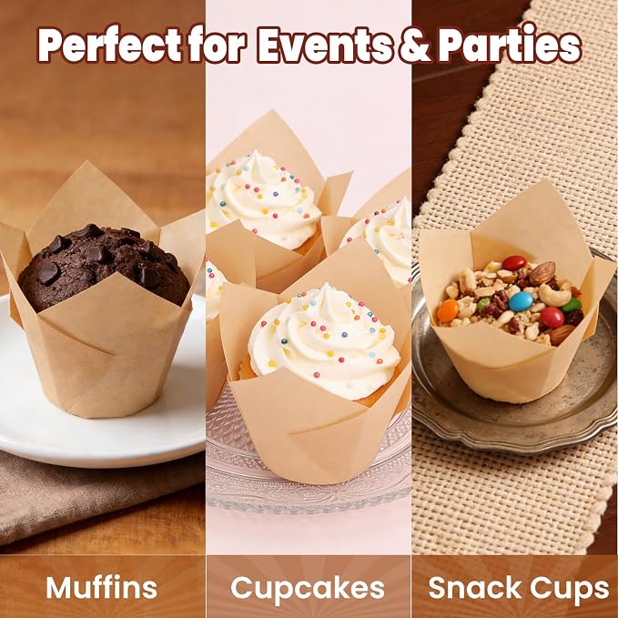 VISRIE 300 Pcs Natural Tulip Cupcake Liners, Unbleached Parchment Paper Baking Cups, Greaseproof & Non-Stick Standard Muffin Liners, Cup Cake Wrappers for Party, Baby Shower & Christmas
