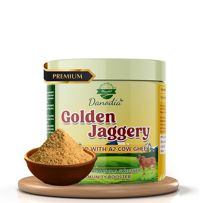 Danodia Foods Organic Golden Jaggery with A2 Cow Ghee, Cane Gur, 400g US | Ghee-infused cane gur sweetener for chai, coffee, baking, desserts and Indian recipes; no preservatives used; chai sweetener