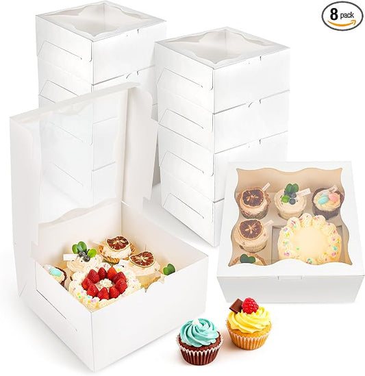 NPLUX 8 Packs 1+5 Bento Cake and Cupcake Box Bento Box with Clear Window Fit 5 Cupcakes and 1 Mini Cake for Packaging Gift Baked Goods
