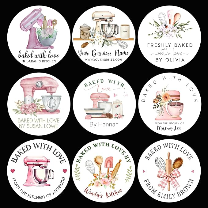 120-1000 Pack Custom Baked with Love Stickers,Personalized Baking Labels for Branding,Packaging,Gift Tags, 1.5 2 2.5 Inch Bakery Labels, Roll or Sheet Format (Round)