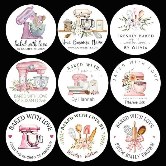 120-1000 Pack Custom Baked with Love Stickers,Personalized Baking Labels for Branding,Packaging,Gift Tags, 1.5 2 2.5 Inch Bakery Labels, Roll or Sheet Format (Round)