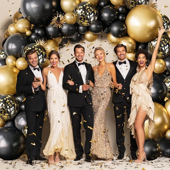 Black and Gold Balloon Arch Kit - 144pcs Black and Gold Balloons Metallic Gold Confetti Balloons Different Sizes 18/12/10/5in for Birthday Wedding New years Graduation Masquerade Party Decorations
