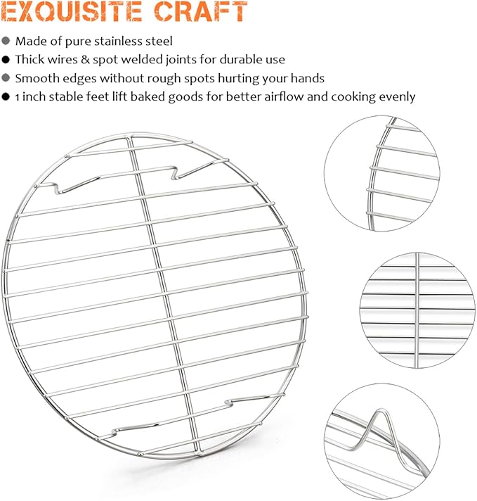 E-far 10½ Inch Round Cooling Cooking Racks, Stainless Steel Round Steaming Baking Rack Set of 2, Multi-Purpose for Canning Air Fryer Pressure Cooker, Dishwasher Safe