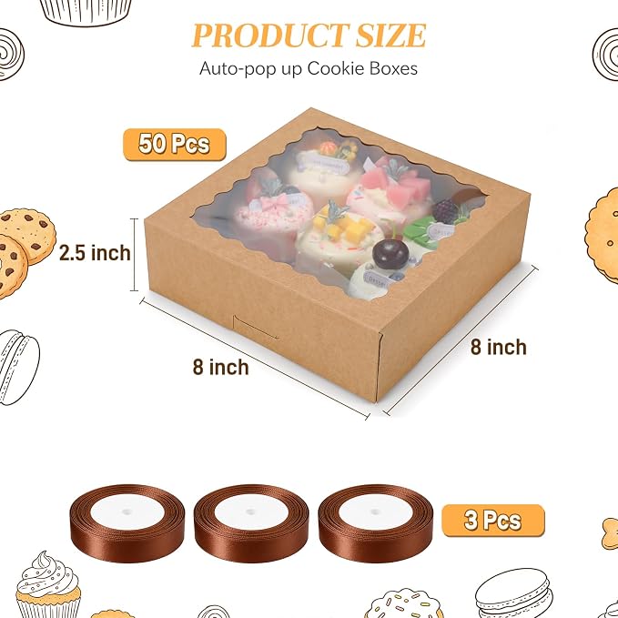 COTOPHER Auto Pop Up Cookie Box with Window 8x8x2.5 Inches – 50 Pack Brown Bakery Boxes with Ribbon for Birthday Party Favors, Wedding, Christmas Gift Packaging for Cookies, Candy, Macarons