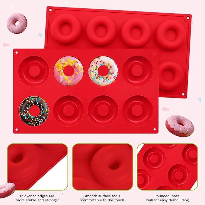 2er Pack Silicone Donut Mold - Non-Stick Silicone Doughnut Pan DIY Chocolate Baking Cookie Molds, Heat Resistant, Make Donut Cake Biscuit Bagels, BPA Free Dishwasher Safe (red, 8 Cavities)