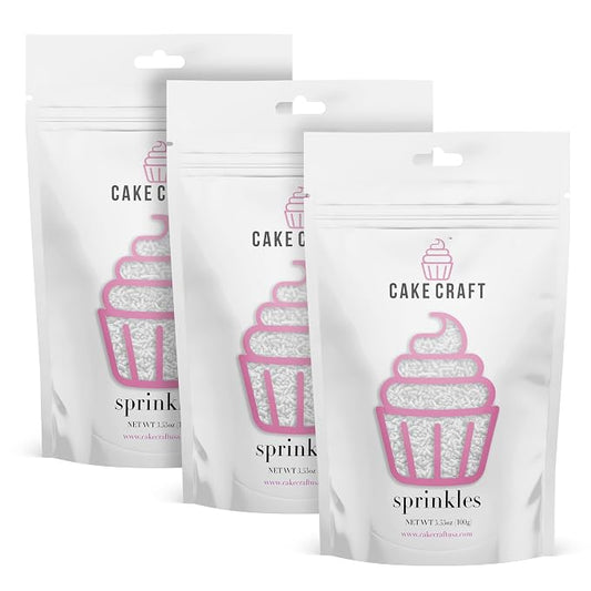 Cake Craft Sprinkles – 3-Pack (100g Each) | Decorating Cakes, Cupcakes, Cookies & More | White – Jimmies