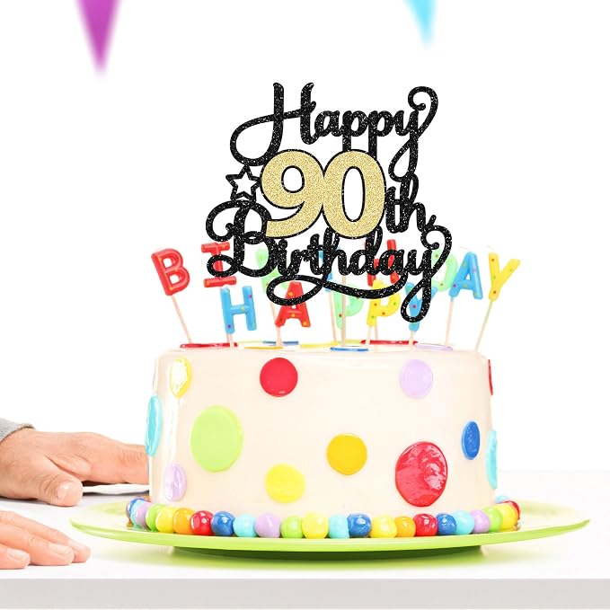 1Pc Happy 90th Birthday Cake Topper Black Gold Glitter Cheers to 90 Years Birthday Cake Pick 90 Fabulous Cake Decoration for Happy 90th Birthday Anniversary Party Cake Decorations Supplies