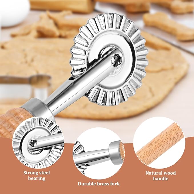 SHANGSKY Pastry Cutter Wheel, Ravioli Cutter Wheel with Long Wooden Handle, Pasta Cutter Dumpling Lace Making Noodle Ruffled Edge Cookies Pie Cutter Kitchen Dough Cutting Tool