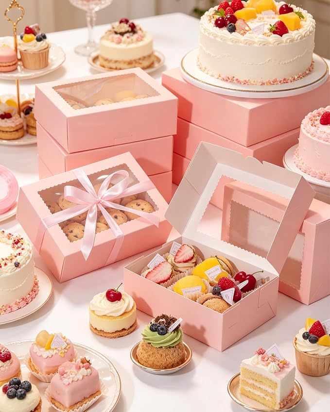 COTOPHER 50Pcs Cookie Boxes with Ribbons, 9x6x3 Inch Bakery Boxes with Window, Pink Treat Containers for Pastries, Chocolate Covered Strawberries, Dessert, Easter Candy, Muffins, Donuts
