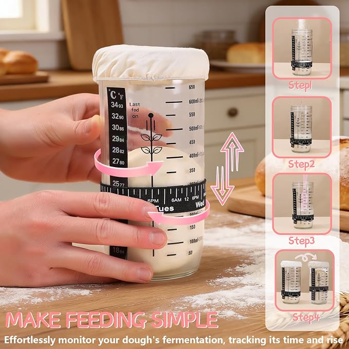 Sourdough Starter Kit, Sourdough Bread Baking Supplies with Banneton Bread Proofing Basket, Starter Jar, Sourdough Tools Kit, Bread Making Kit,Pink Baking Gifts for Women Mom Wife Love Baking