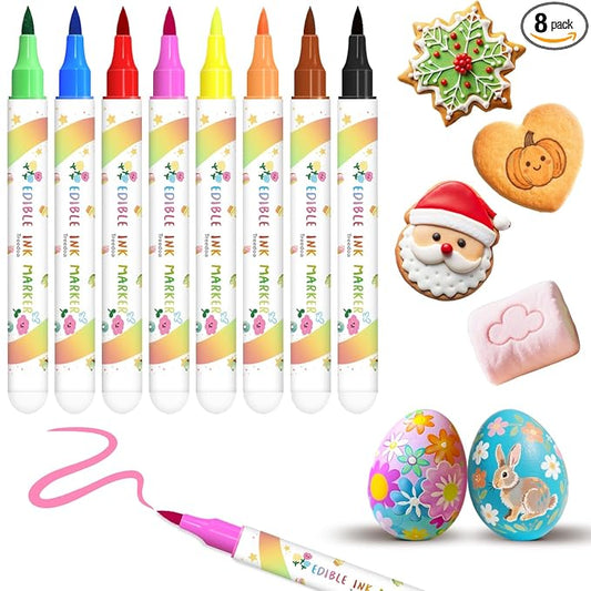 Edible Markers, 8pcs Food Coloring Pens Soft Brush Tip Food Markers, Food Grade Gourmet Writer, Edible Pens for Cookie Decorating, Cakes, Desserts, Frosting, Fondant, Easter Eggs