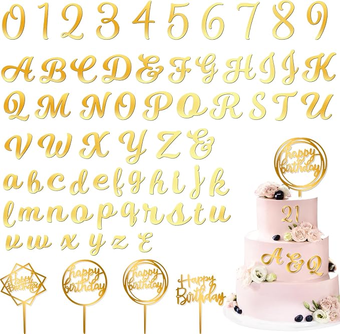Teenyyou 68 Pcs Acrylic Alphabet Number Cake Topper 0-9 Number and A-z Letters Personalized Cake Picks Decor DIY Name Cupcake Toppers Graduation Wedding Baby Shower Party(Gold)