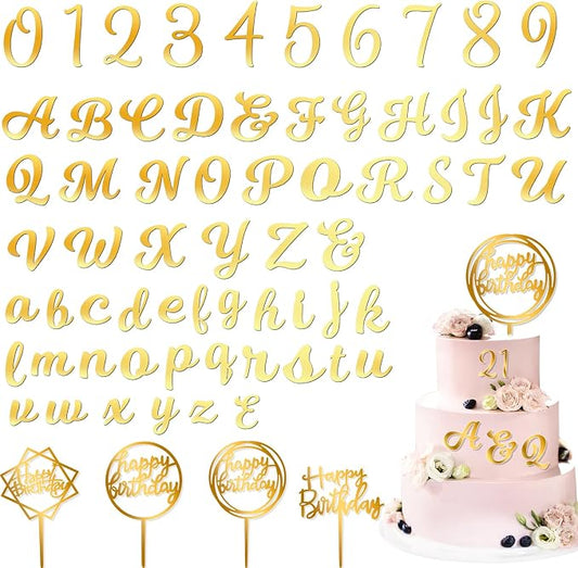 Teenyyou 68 Pcs Acrylic Alphabet Number Cake Topper 0-9 Number and A-z Letters Personalized Cake Picks Decor DIY Name Cupcake Toppers Graduation Wedding Baby Shower Party(Gold)