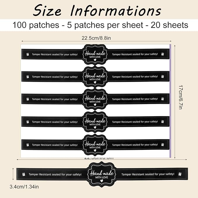 Tamper Proof Stickers 100 Pcs - 8.8 x 1.3 Inch Tamper Resistant Seal Labels for Food Retail Package, Handmade Bakery Candy Artisan Crafts Sealing (Black)