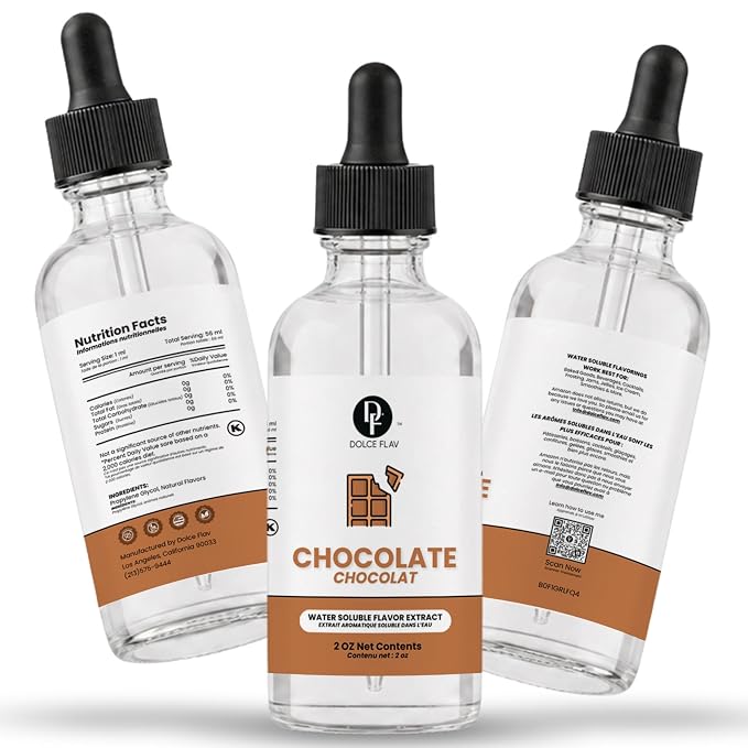 Dolce Flav Natural Chocolate Extract – 2 Ounce Water-Soluble Kosher, Sugar-Free, Concentrated Chocolate Flavor for Baking, Coffee, Ice Cream, Smoothies & Desserts, Includes Measured Dropper