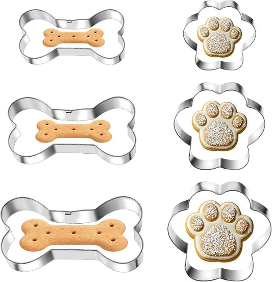 6 PCS Bone and Dog Footprints Cookie Cutters Set 3 Sizes Stainless Steel Dog Bone Cookie Cutter DogsTreat Cutters Dogs Shaped Cookies Cutter for Homemade Baking Theme Party Cat Homemade Treats Silv