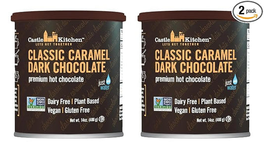 Castle Kitchen Caramel Dark Hot Chocolate Mix (28 oz) – Dairy-Free, Vegan, Plant Based, Gluten-Free, Non-GMO Project Verified, Kosher Hot Cocoa – Just Add Water – 14 oz, Pack of 2