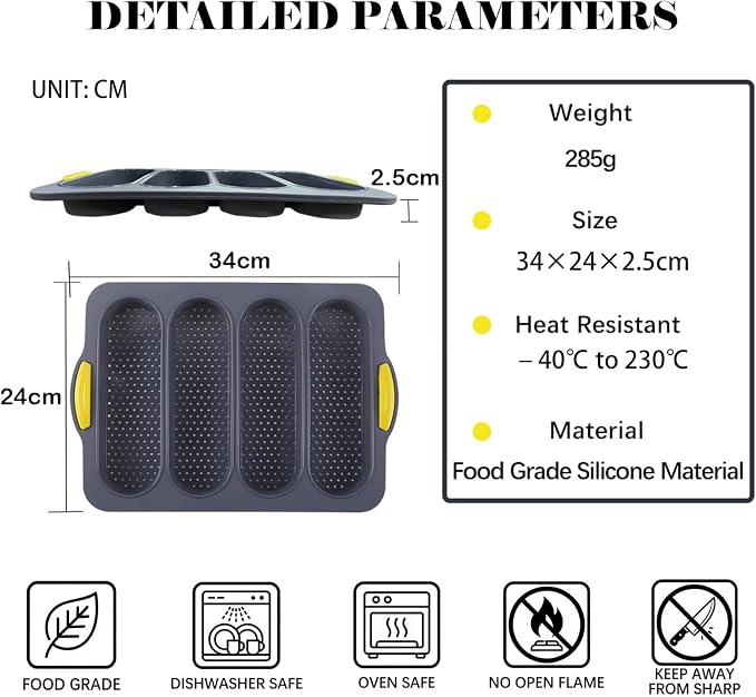 4-cavity Silicone Bread Loaf Pan, Nonstick Sourdough Loaf Pan & Heat Resistant Baguette Bread Pan, Bread Pans for Homemade Bread, Silicone Molds for Baking Hoagie Rolls, Sandwich, Hot Dog Buns