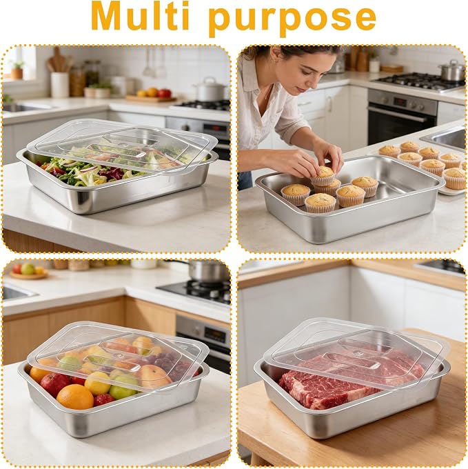 2 Pcs Pizza Dough Proofing Box -14.1x10.6 Inch Stainless Steel Pizza Dough Trays with Clear Lid, Household Pizza Bread Proofing Storage Container, Fits 4-6 Dough Balls