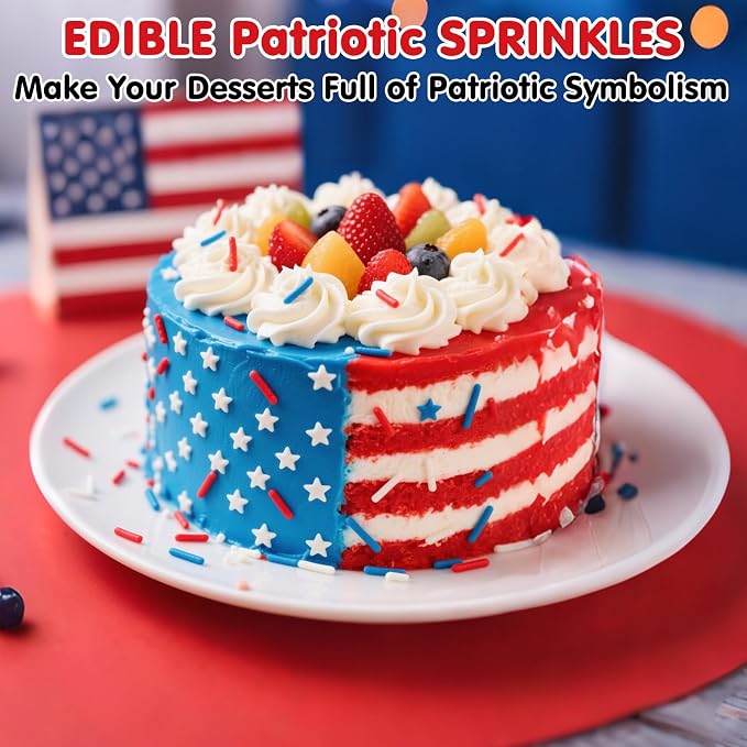 Edible Patriotic Sprinkles for Cake Decorating,130g,July 4th Red White and Blue Jimmies Stars Sprinkle Mix,American Team USA Sprinkles,Independence Day Baking,Donut,Ice Cream,Cookies,Cupcake Topper,Memorial Holiday Festival Wedding Birthday Party Decor...
