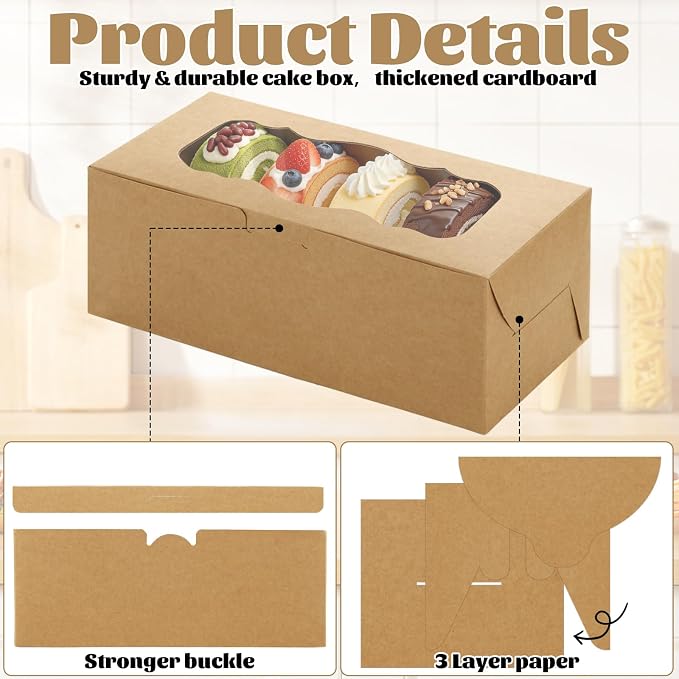 QTLCOHD 50 Pcs Bakery Boxes with Window 9 x 4 x 3.5 Inch Brown Bakery Boxes | Dessert Container with Sticker for Pies, Chocolate, Strawberries, Muffins, Donuts, Pastry, Christmas, Candy