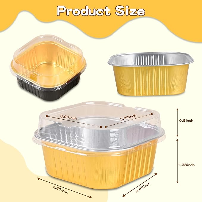 40 Pack Mini Cake Pans with Lids, 5oz Square Aluminum Foil Brownie Baking Cups, Muffin Tin Ramekins, Disposable Dessert Cupcake Cups for Wedding Birthday Party, Black,Gold
