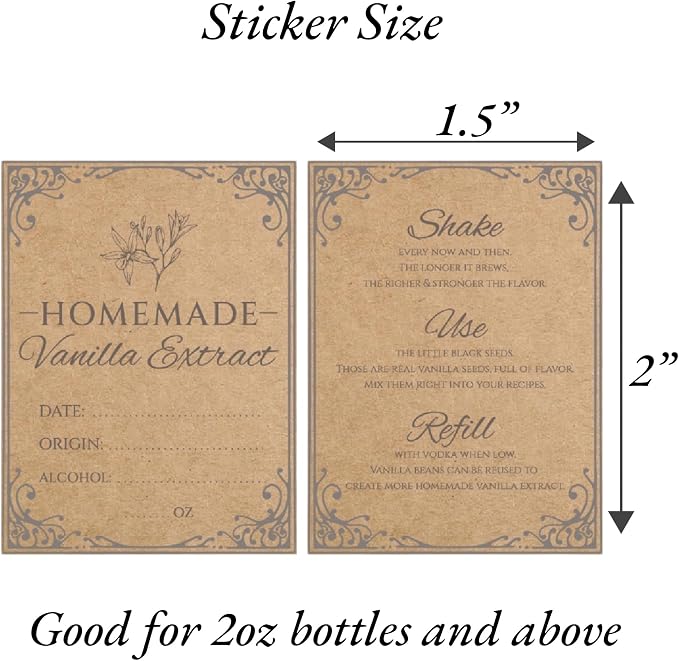 120PCS Homemade Vanilla Extract Labels for Gift Bottles, 60 Sets | 1.5" x 2" Vanilla Extract Stickers with Front & Back Designs for Handcrafted Homemade Bottles & Gifts, Made from Kraft Paper