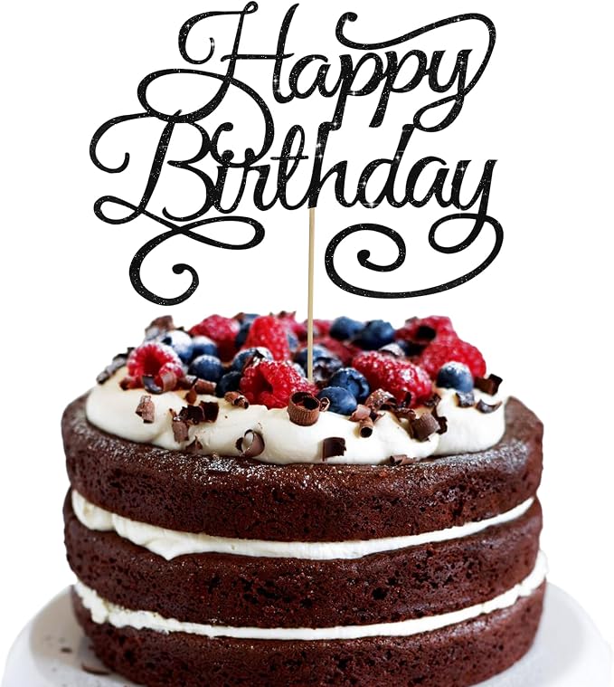 BEISHIDA Happy Birthday Cake Topper Black Glitter Happy Birthday Cake Bunting Decoration Birthday Party Cake Decoration Supplies, for Photo Booth Props