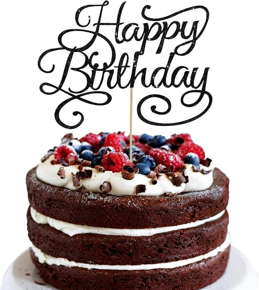 BEISHIDA Happy Birthday Cake Topper Black Glitter Happy Birthday Cake Bunting Decoration Birthday Party Cake Decoration Supplies, for Photo Booth Props