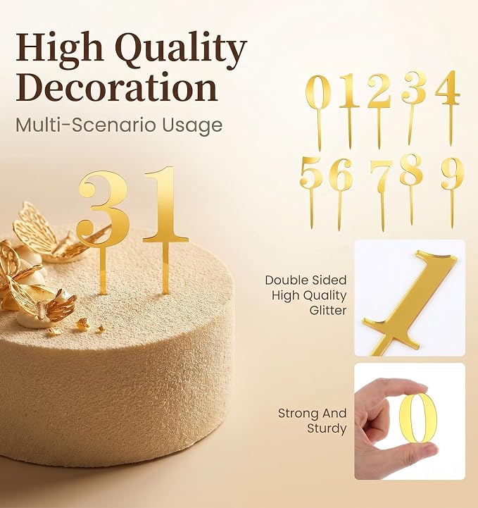 20 Pcs Gold Numbers for Cake, Acrylic Numbers 0-9 Shiny Gold Cake Toppers for Birthday Party, Wedding, Anniversary