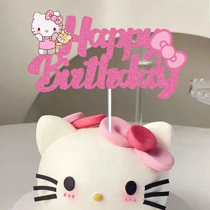 Cute Birthday Cake Decorations, Happy Birthday Cake Topper Glitter, Cartoon Theme Party Cake Decorations Supplies (Pink)