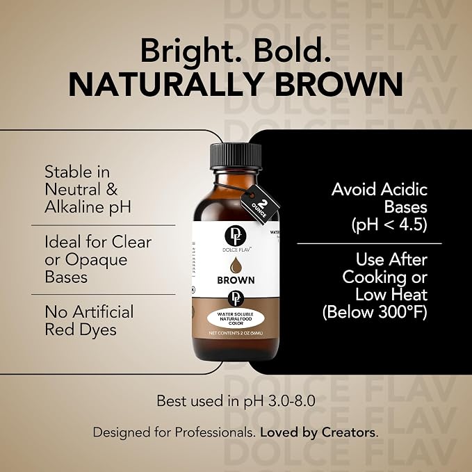 Dolce Flav Natural Brown Food Coloring – 2 oz Liquid Color from Class IV Caramel with Graduated Dropper | Water-Soluble | For Baking, Beverages & Sauces | Kosher | Made in USA