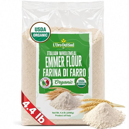 L'Oro Del Sud Organic Farro, Emmer Flour, Stone-Ground, 4.4 lb (2 Kg) | Stone Ground Ancient Grain Flour, USDA Organic, High Fiber, Non-GMO, All-Purpose Flour for Breads, & Pizza, Product of Italy