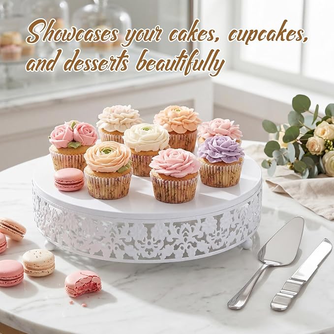 Wenqik 12 Inch White Cake Stand Set Metal Round Cupcake Dessert Stand with Cake Cutting, Flower Spatula Wedding Cupcake Pastry Display Candy Holder Display for Wedding Party Birthday Baby Shower