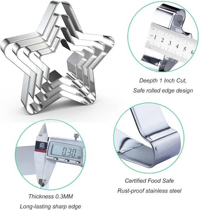 Stars Cookie Cutter Set Large - 5 inch, 4 inch, 3 inch, 2 inch - Rounded Pentagram Star Cookie Cutters Shapes Molds - Stainless Steel