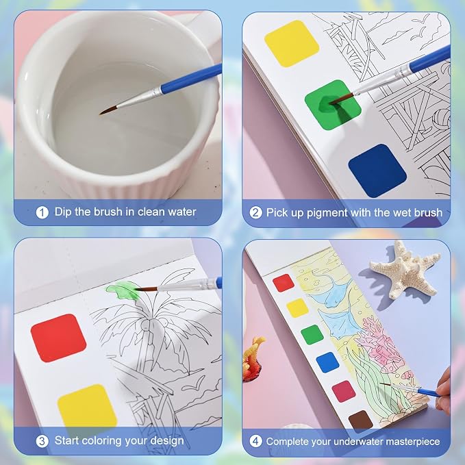 Women's Mini Paint with Water Coloring Book, 12 Pages Sea World Small Coloring Books for Adults to Relax and Relieve Anxiety,Color Painting Kit Art Craft,Gift for Mother's Day,Birthdays,Anniversaries