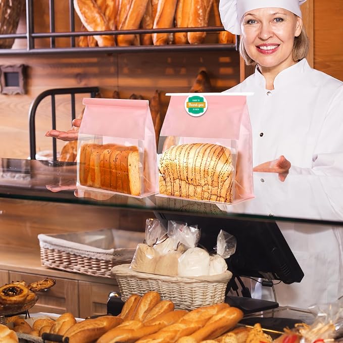 50 PCS Bakery Bags with Window - Reusable Cookie Bags With Seal Stand Upright Cookie Packaging Bag With Tin Tie Tab Lock Kraft Paper Bread Bags For Sourdough Pastry,Donuts,Popcorns, Snack (Pink Large)