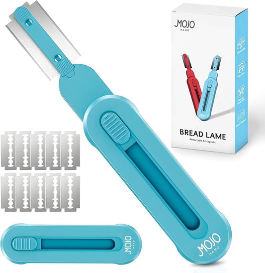 Bread lame for Dough, Magnetic & Reusable Bread Lame Dough Scoring Tool, Anti-Slip Handle with Long Retractable Razor blades, Sourdough Scoring tool for Bread Making (Blue)