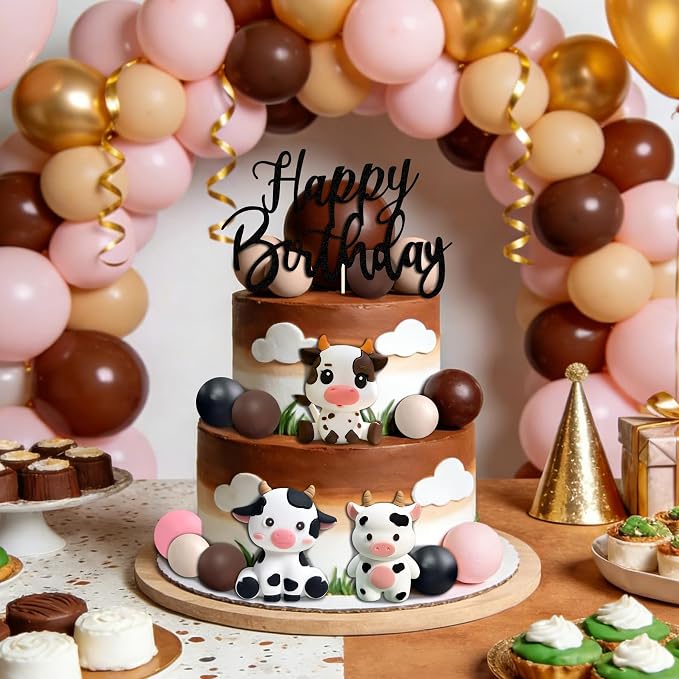 Cow Cake Topper, Happy Birthday Cake Decoration with Farm Animal Theme (black)