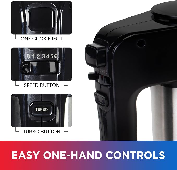Total Chef TCHM02 6-Speed Hand Mixer, 250 Watts with Turbo Boost, Beaters and Dough Hooks,Multi-Function Mixing Stainless Steel, Countertop, Black/Gray