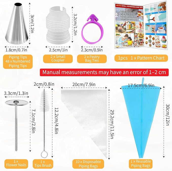 Piping Bags And Tips Set - 65pcs Cake Decorating Supplies Kit with 48 Stainless Steel Tips 12 Inch Reusable Silicone Pastry Bag 10 Disposable Piping Bags for Cupcake Cookie