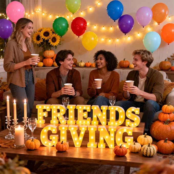 54 Pcs Friends Giving Party Decorations, Light up Letters Sign with 40 Round Pearlescent Balloons, Led Marquee Lights Table Decoration for Friends Themed Party Birthday Galentines Decor Thanksgiving