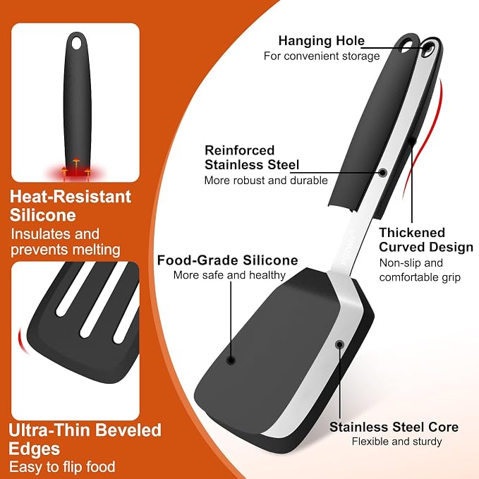 2 Pack Silicone Kitchen Spatula Set, 600°F Heat Resistant (Black) | BPA Free, Solid & Slotted Turner, Non-Toxic Cooking Utensils, Safe for Non Stick Frying Pan, Dishwasher Safe