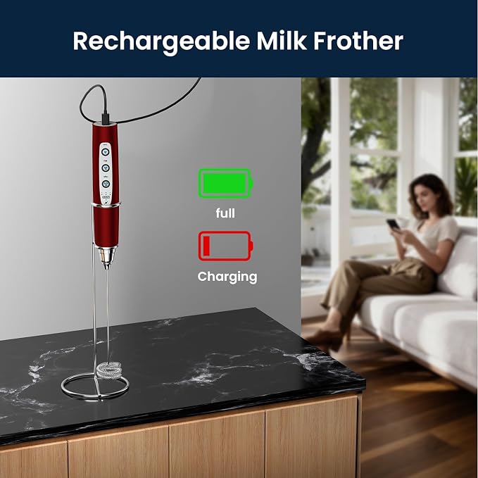 Sakgos Milk Frother with Stand Rechargeable-Handheld Frother Wand with 3 Stainless Whisks 3 Speed Adjustable, Electric Whisk Drink Mixer, Foam Maker Blender for Matcha Latte Cappuccino Chocolate