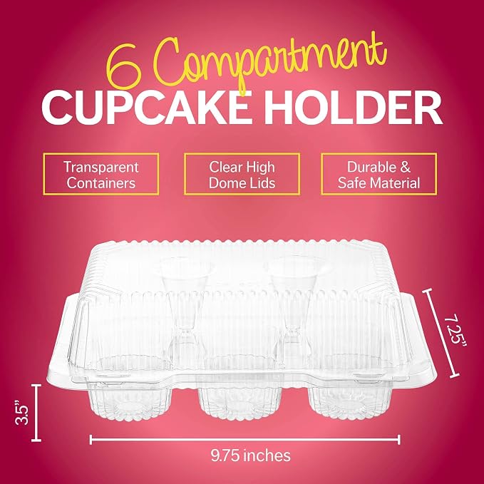 Plastic Cupcake Containers Boxes | 6 Compartment – 40 Pack | Disposable High Dome Dozen Cupcake Holder With Lid Bulk | Extra Sturdy Stackable Cupcake Boxes | Durable Muffin Packaging Transporter To Go