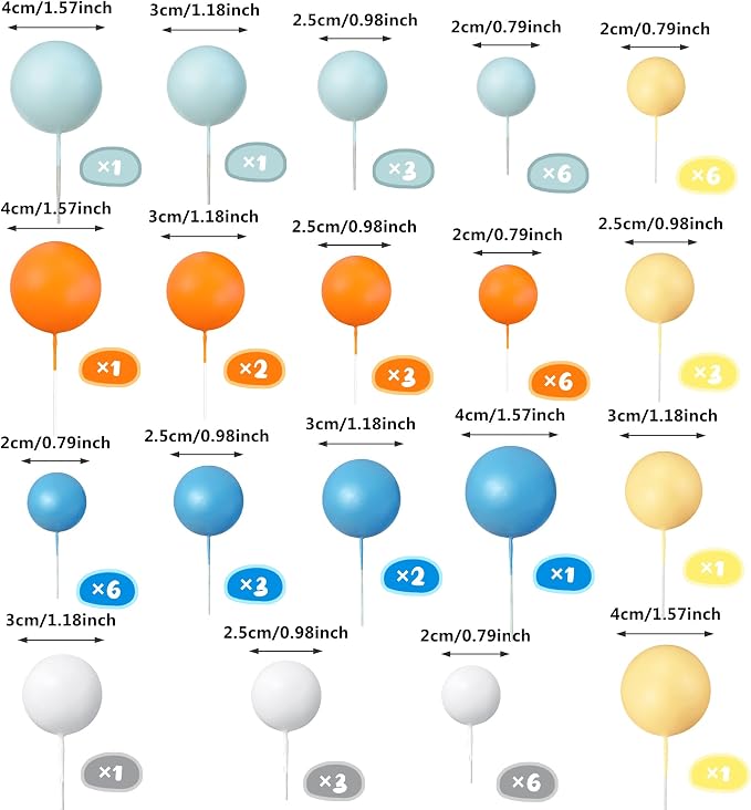 56 PCS Colorful Ball Shaped Cake Topper Pearl Balls Cupcake Cake Insert Topper for Birthday Party Wedding Decoration Supplies (Orange Blue)