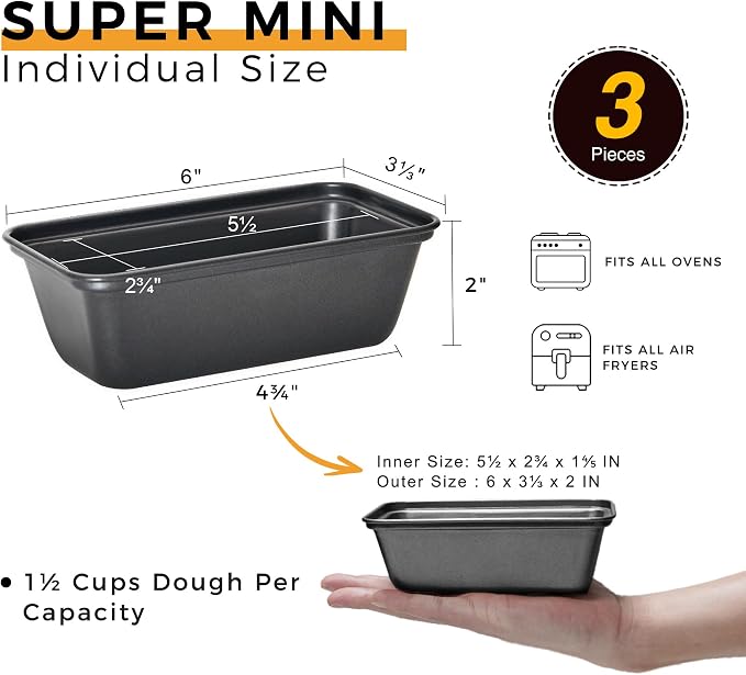 HONGBAKE Mini Loaf Pan for Baking Bread, 6 x 3.3 x 2 In Nonstick Small Banana Bread Tins Set of 3, Tiny Carbon Steel Meatloaf Pan - Dark Grey