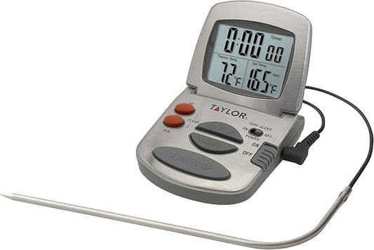 Taylor Programmable Instant-Read Wired Probe Digital Meat Thermometer, Stainless Steel for BBQ, Grill, Kitchen Cooking, Accurate Temperature Readings