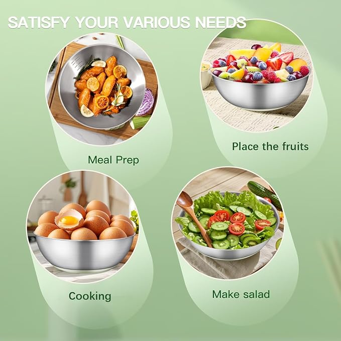 GIUOIDUO Stainless Steel Mixing Bowls Set,5 PCS Metal Mixing Bowls for Baking, Cooking, and Salad Making,Kitchen Meal Preparation,Non-Slip Silicone Bottom