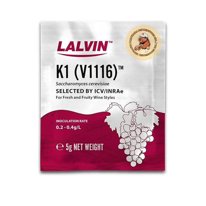 Lalvin K1-V1116 Wine Yeast (5 Pack) - Make Wine Cider Mead Kombucha At Home - 5 g Sachets - Saccharomyces cerevisiae - Sold by CAPYBARA Distributors Inc.